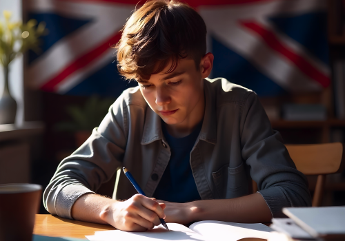 student-front-university-gate-looking-uk-flag-uk-student-going-university 2